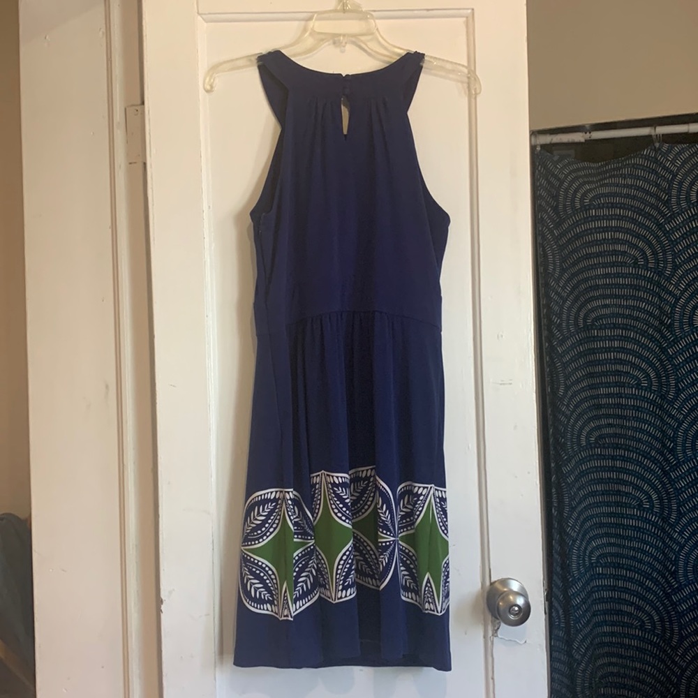 Banana Republic Faux Wrap Blue Green Dress with Keyhole and Ferns 🌿